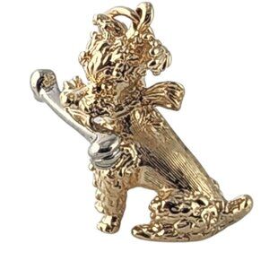 13 - 14K Yellow Gold Poodle Dog With a White Gold Bone Pendant #23855